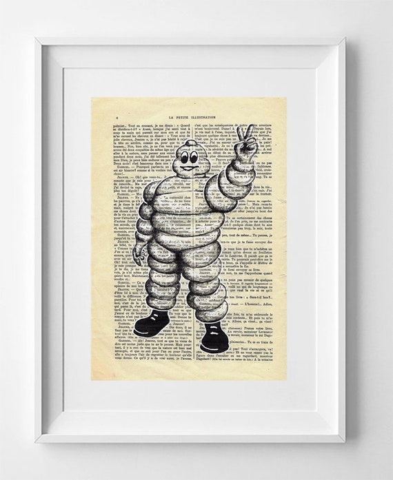 Vintage Bibendum Michelin Print - Hand-Drawn Advertising Art on Book Paper - 28cm x 19cm