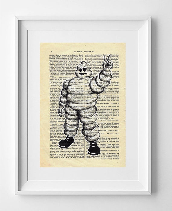 BIBENDUM MICHELIN, Print on vintage paper, 28cm x 19cm // 11" x 7.5" Drawing, Art Printed on book, Michelin Doll, Decoration