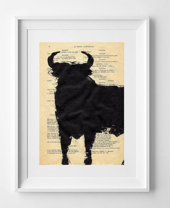 Vintage French Toro Bravo Illustration: Spanish Bull Art Drawing Print from Antique Book Page 28x19cm