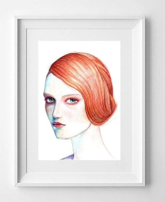 RED-HAIRED WOMAN. Pencil Drawing Printable, Instant Downloadable Art, Digital Download, Digital Prints, art print