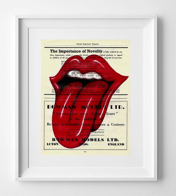 Rolling Stones Language, Rolling Stones Print, Print on vintage paper, Britihs paper art, Satanic Majesties, paper art vintage music art