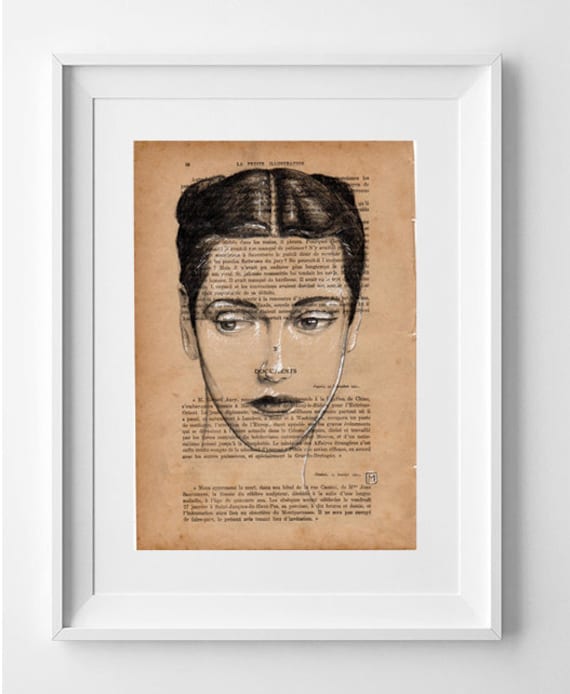 HIPSTER GIRL. Printed drawing on recycled original page of the French publication La Petite Illustration of the year 1920.