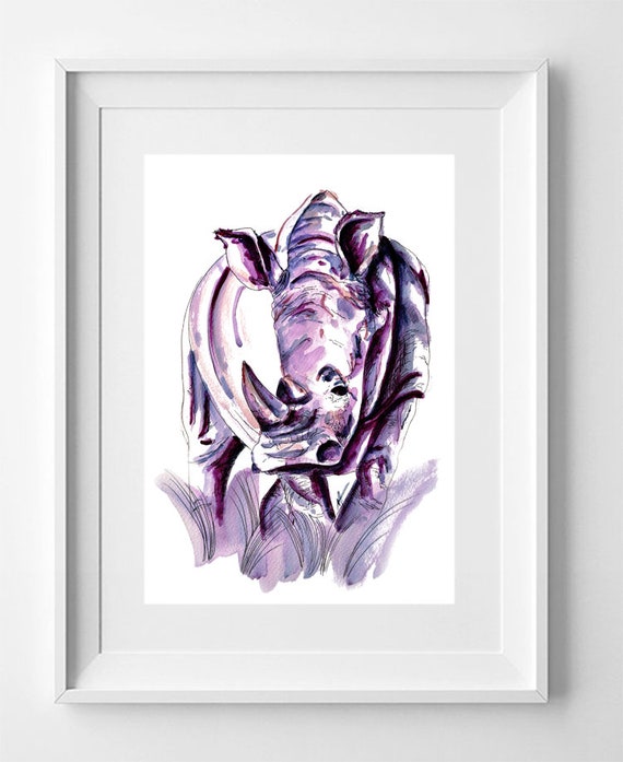 RHINOCEROS. Drawing printed on high quality paper. Wild animals collection drawing.