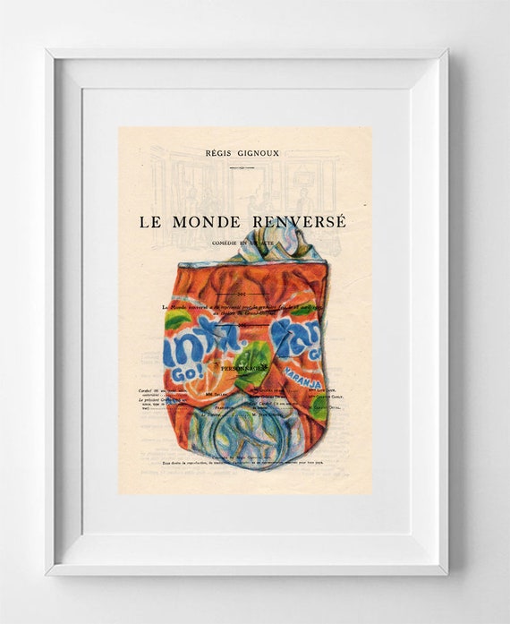 Vintage French Magazine Upcycled with Fanta Orange Drawing Print - 1920s La Petite Illustration Art 28x19cm.
