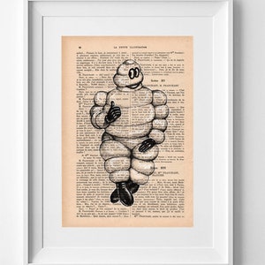 BIBENDUM MICHELIN, Vintage Bibendum Michelin Print on Recycled Book Page - Hand-Drawn Illustration Wall Art, 28cm x 19cm.