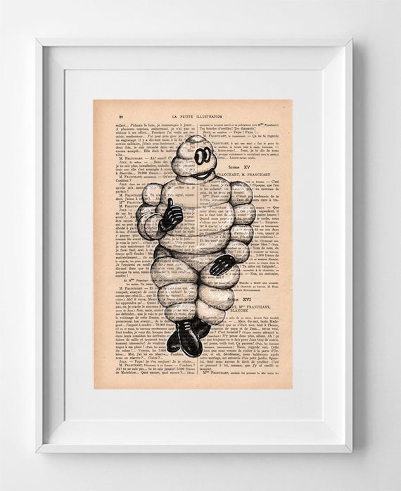 BIBENDUM MICHELIN, Print on vintage paper, 28cm x 19cm // 11" x 7.5" Drawing, Art Printed on book, Michelin Doll, Decoration