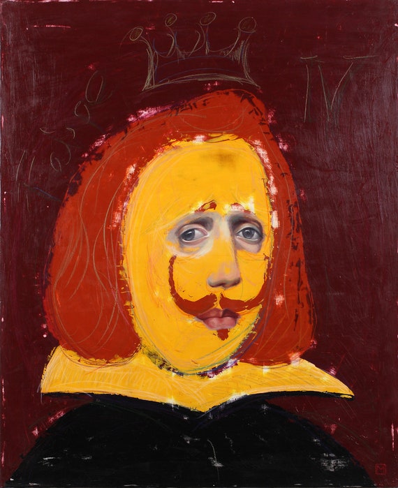 Felipe IV Contemporary Portrait: Vibrant Acrylic and Oil Painting on Canvas - Pop Surrealism Art - 73 x 60cm.