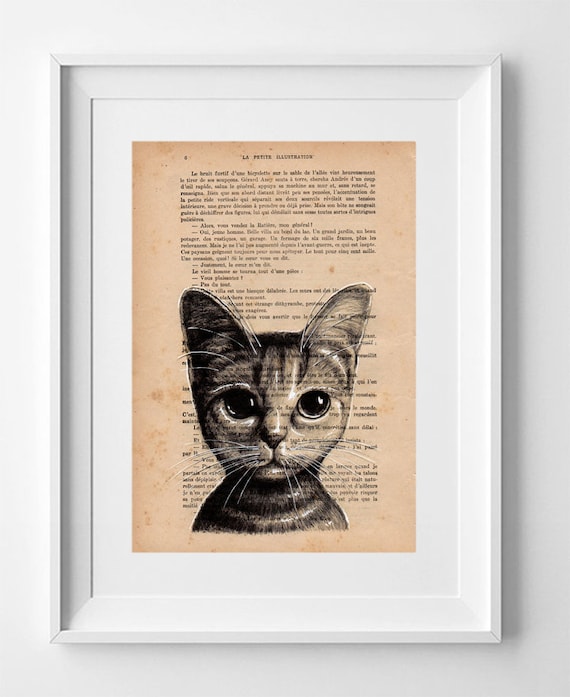 BROWN CAT, Print on French Vintage Book Page, Artwork Printed on Book, Original Cat Drawing, Wall Decor.