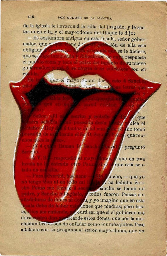 Tongue, Vintage Book Page Rolling Stones Tongue Mini Print - Original Art Drawing on Antique Paper - 12 x 18cm. Vintage art for home decor