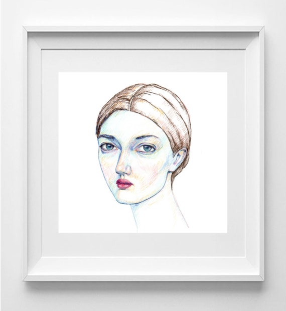 Ethereal Pale Girl Portrait: Realistic Colored Pencil Illustration, Contemporary Wall Art 30x30cm
