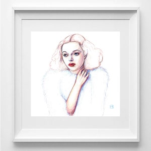 Ritratto realistico a matita colorata di Hedy Lamarr - Illustrazione artistica da parete contemporanea (30x30 cm)