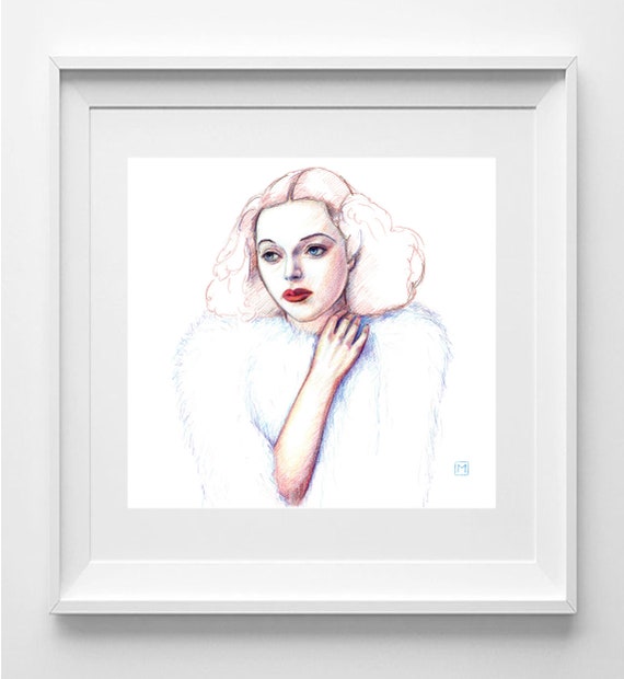 Hedy Lamarr Realistic Colored Pencil Portrait - Contemporary Wall Art Illustration (30x30cm)
