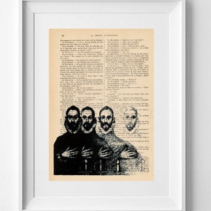 Puede incluir: Ilustración en blanco y negro de cuatro hombres con barba, vestidos con ropa del siglo XVII, impresa en una página de libro vintage. El texto de la página está en francés.