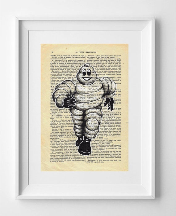 BIBENDUM MICHELIN, Print on vintage paper, 28cm x 19cm // 11" x 7.5" Drawing, Art Printed on book, Michelin Doll, Decoration