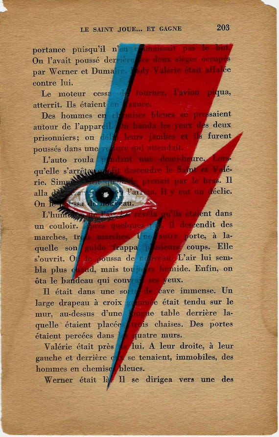 Bowie's Lightning, Vintage Book Page Mini Print: David Bowie Lightning Bolt Original Artwork Drawing - 12 x 18cm. Vintage art for home decor