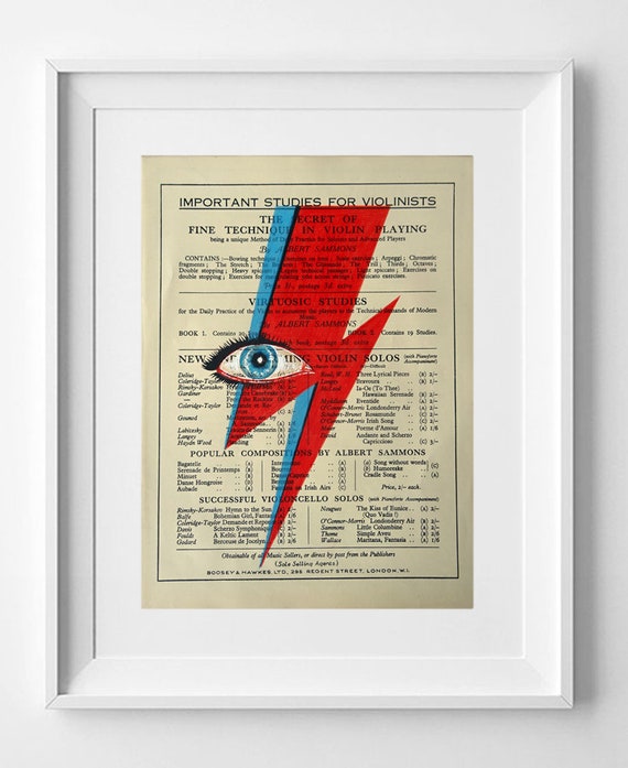 David Bowie Lightning 31.2cm x 23.7cm (12.28" x 9.33") David Bowie Eyes, Lightning Ziggy Stardust, Print on vintage sheet music, music paper art