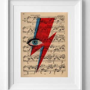 David Bowie Lightning Bolt, David Bowie Eyes, Lightning Ziggy Stardust, Bowie Lightning Bolt Print, Print on vintage sheet music, music paper art