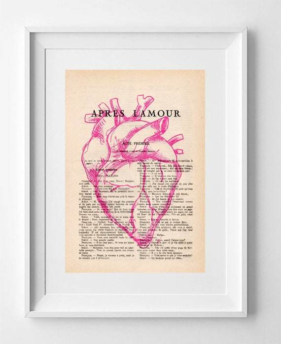 MAGENTA HEART, 28x19cm. Print on French vintage book page, Artwork, Print on book, Original anatomical heart, Decoration