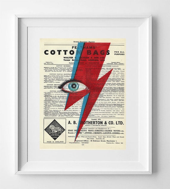 David Bowie Eyes, Lightning Ziggy Stardust, Bowie Lightning Print, Print on vintage book page, Drawing, art Printed on Book, music art