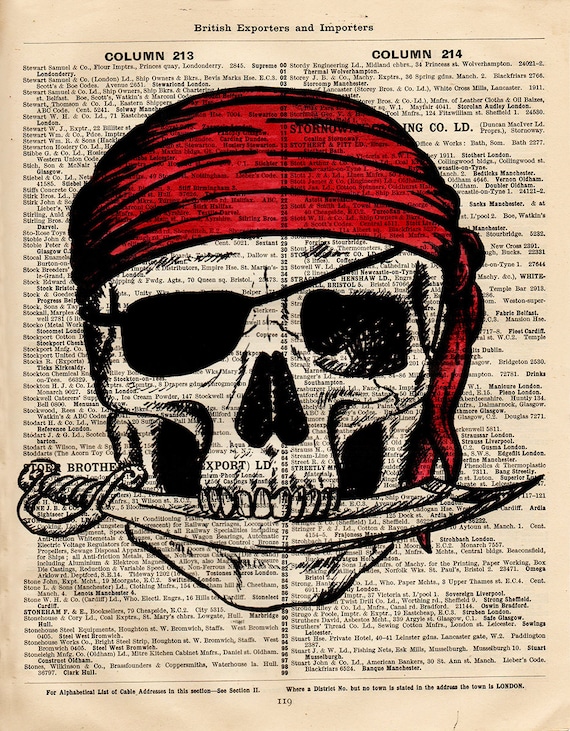 BLACK SKULL PIRATE. Printed drawing on the original page of the English publication Sell's National Directory and british exporter of 1949