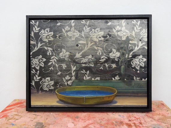 Caspian Sea Pop Surrealism Oil Painting: Contemporary Lowbrow Street Art Collage on Wood Panel - 30x40cm