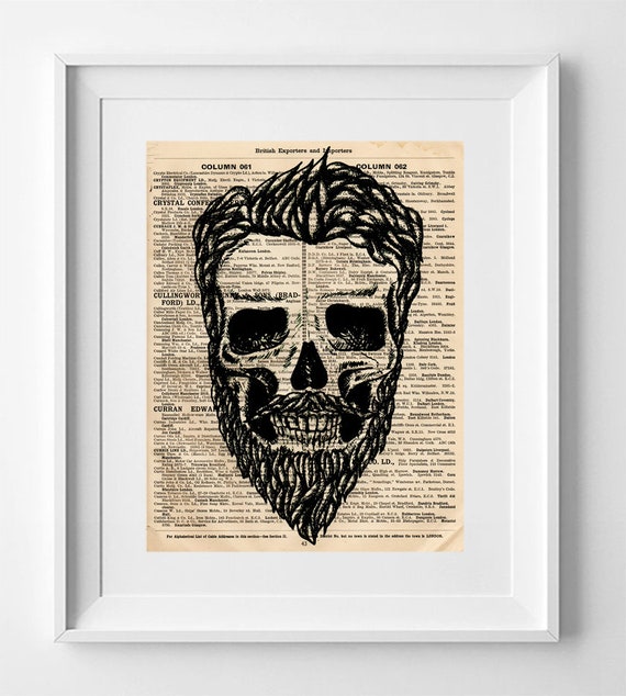 Vintage 1949 Black Skull Drawing Print on Antique British Directory Page - Gothic Wall Art Decor 25.5x20cm.