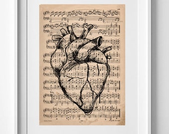 HEART, Anatomical Heart Print on Recycled Sheet Music: Unique Wall Art Decoration - 31.2cm x 23.7cm.