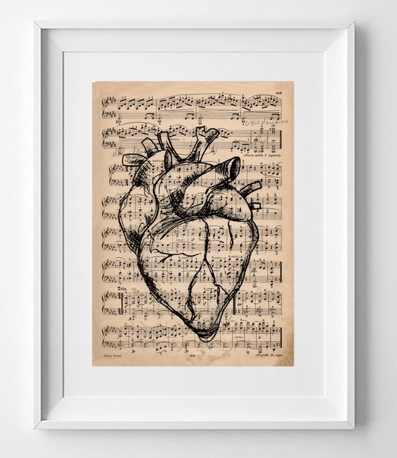 HEART, Print on original score, Work of art, Print on recycled score, Original anatomical heart, Wall decoration.