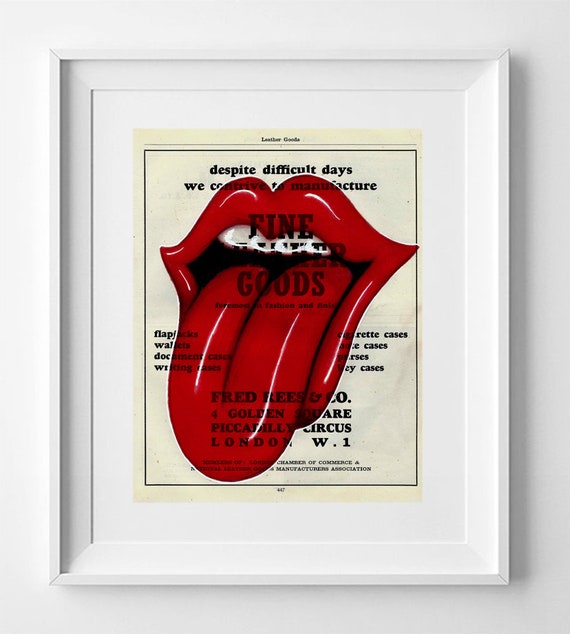 Rolling Stones Language, Rolling Stones Print, Print on vintage paper, Britihs paper art, Satanic Majesties, paper art vintage music art