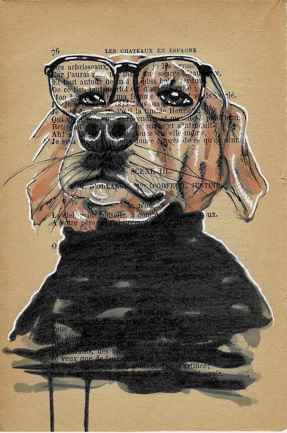 Dog Mr. Smith, Vintage Book Page Mini Print: Mr. Smith Dog Drawing - Original Artwork on Antique Paper - 12 x 18cm. Vintage dog print decor.