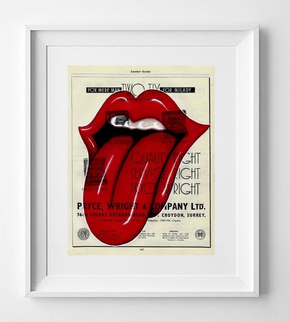 Rolling Stones Language, Rolling Stones Print, Print on vintage paper, Britihs paper art, Satanic Majesties, paper art vintage music art