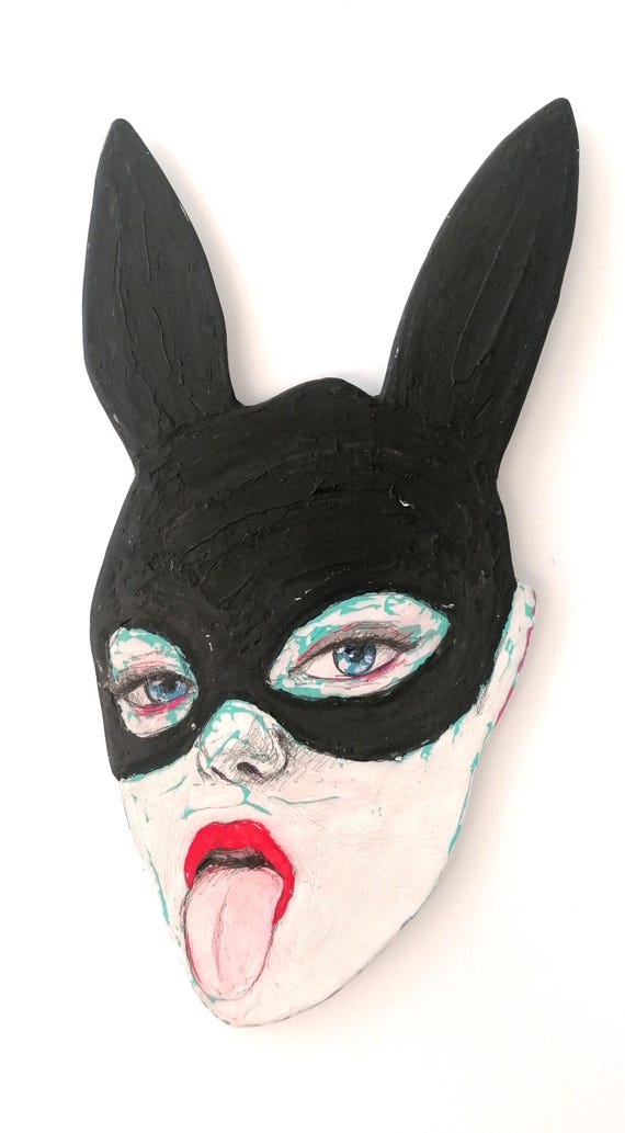 MASCARADA, Enmascarada: Contemporary Pop Art Oil Painting - Surreal Masked Woman with Rabbit Portrait - 42 x 20 cm.