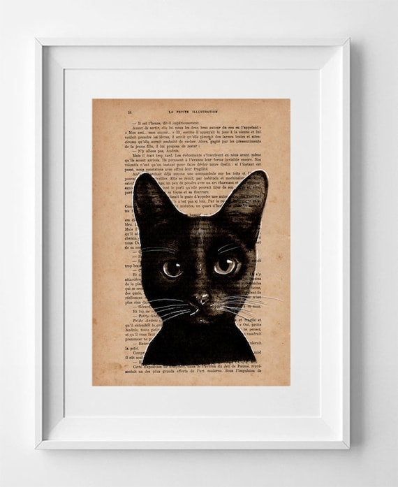 BLACK CAT, Vintage French Book Page Print: Black Cat Drawing - Original Wall Art Decor for Cat Lovers - 28x19cm.