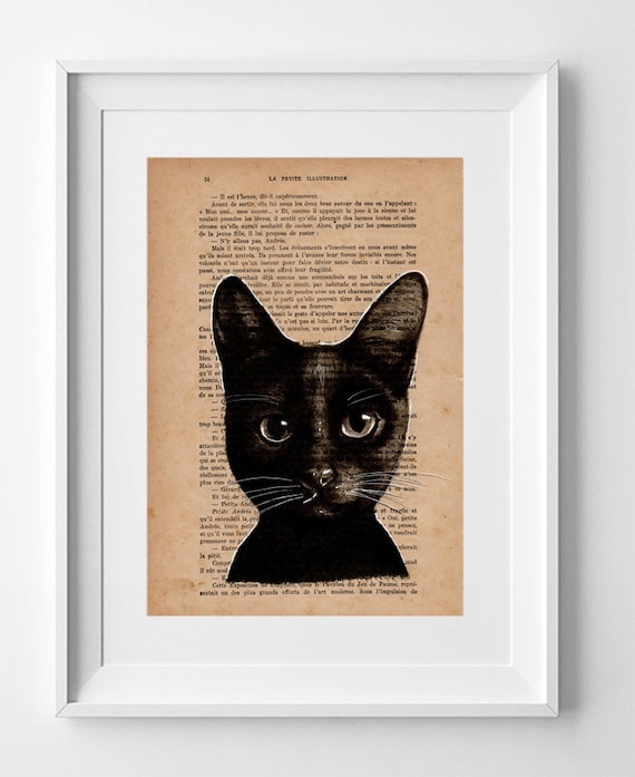 BLACK CAT, Print on French Vintage Book Page, Artwork Printed on Book, Original Cat Drawing, Wall Decor