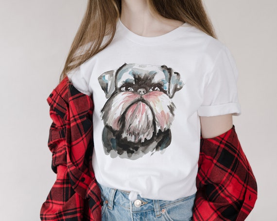 T-shirt printed with a drawing of a Brussels Griffon puppy. 100% organic cotton.