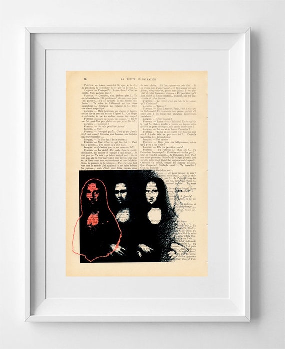 LA GIOCONDE, Print on French vintage book page, Artwork, Print on book, Original look drawing, Decoration, lowbrow