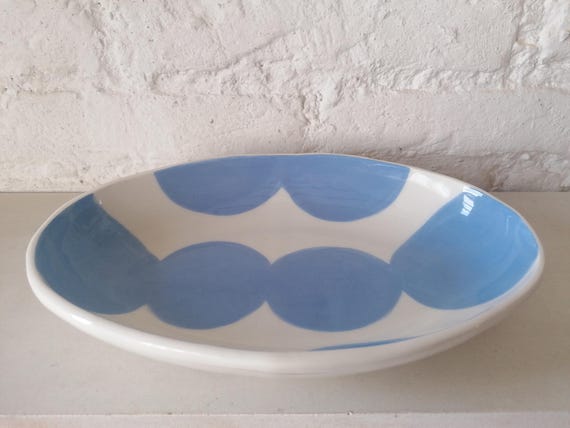 Handcrafted Mediterranean Blue Ceramic Bowl - Artisanal Pottery Vessel - Unique Home Decor - 23.5x4.5x16cm