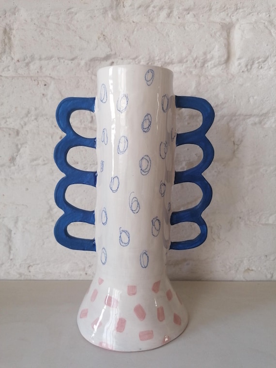 Mediterranean Handcrafted Ceramic Vase with Handles - Artisanal Earthenware Home Decor (15x23x7cm)
