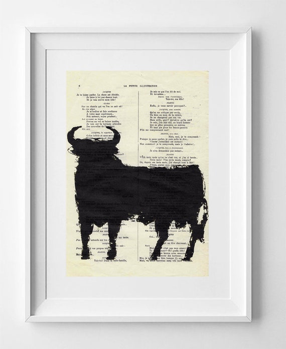 Vintage French Book Page Print: Toro Bravo Bull Illustration, 28cm x 19cm Wall Art Decor