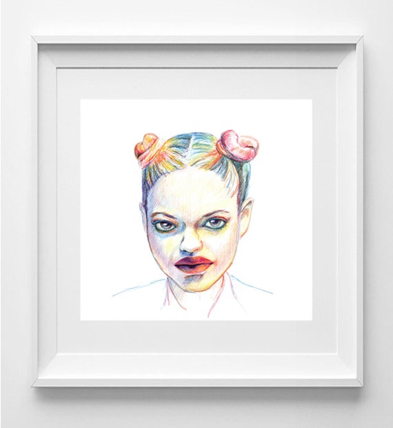 Girl with bows. Drawing with colored pencils on paper, Art on paper, Realistic portrait, Contemporary art, Wall decoration