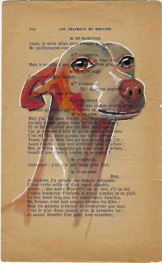 MINI PRINT Greyhound, Vintage Book Page Greyhound Dog Mini Print - Original Artwork on Antique Paper - Unique Wall Decor - 12 x 18cm.