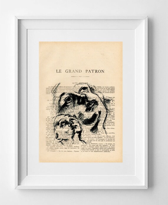 LOOKING AT THE SKY. Vintage French Book Page Art Print: 'Mirando al Cielo' Realistic Portrait Drawing on 1920s Recycled Paper - 28x19cm.