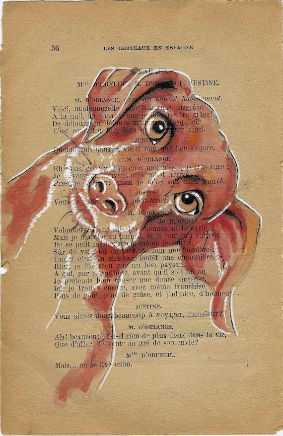 Funny Dog, Adorable Dog Mini Print on Vintage Book Page: Unique Original Drawing Art Piece - 12 x 18cm. Vintage dog print decor.