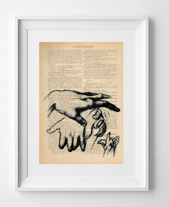 HANDS, French vintage book page print, Artwork, Print on book, Original looking drawing, Wall decor, lowbrow