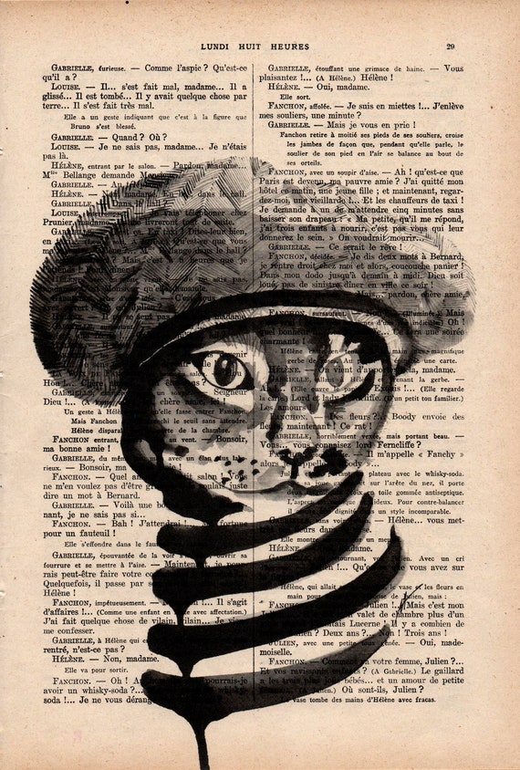 Cat MS. COSETTE. Printed drawing on recycled original page of the French publication La Petite Illustration of the year 1920.