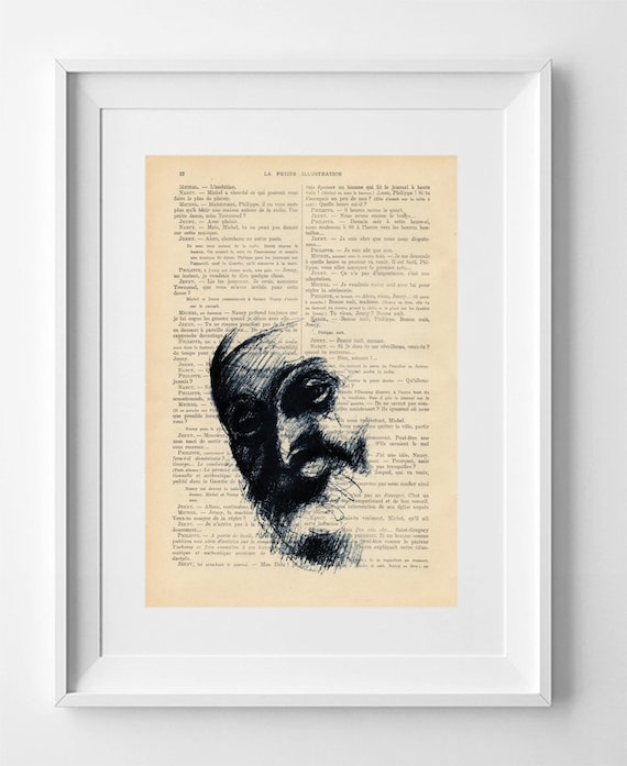 Vintage French Lowbrow Art Print: Man Portrait on Antique Book Page - Renaissance Wall Decor 28x19cm