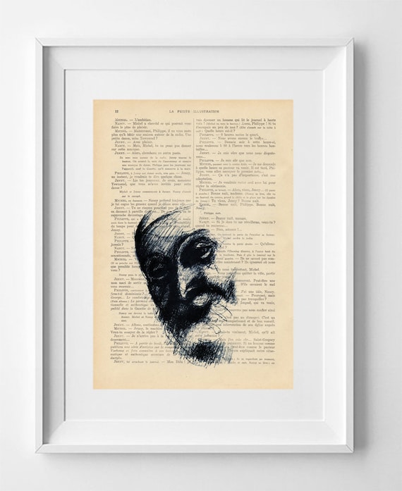 MAN, Print on French vintage book page, Artwork, Print on book, Original looking drawing, Wall decor, lowbrow