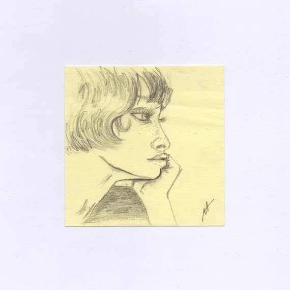 THOUGHTFUL GIRL. Pencil drawing on post-it paper.