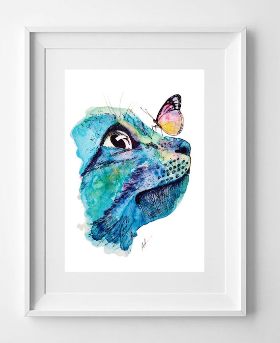 CAT AND BUTTERFLY. Drawing printed on high quality paper. Wild animals collection drawing.