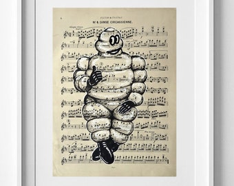 Vintage Bibendum Michelin Drawing on Sheet Music - Upcycled Wall Art Decor (31.2x23.7cm)